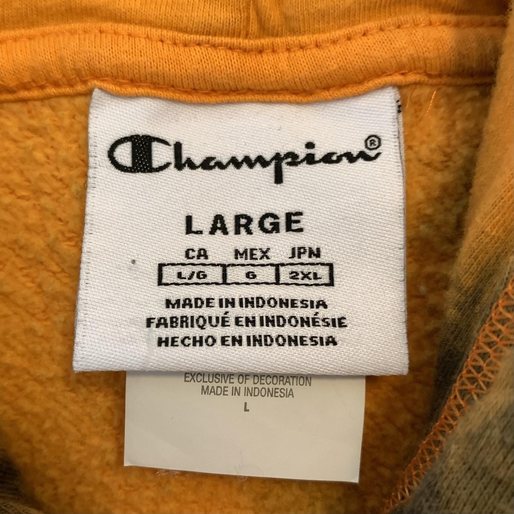 Champion Hoodie Mens Large Orange Black Tie Dye Fleece Pullover Sweatshirt - Picture 2 of 7